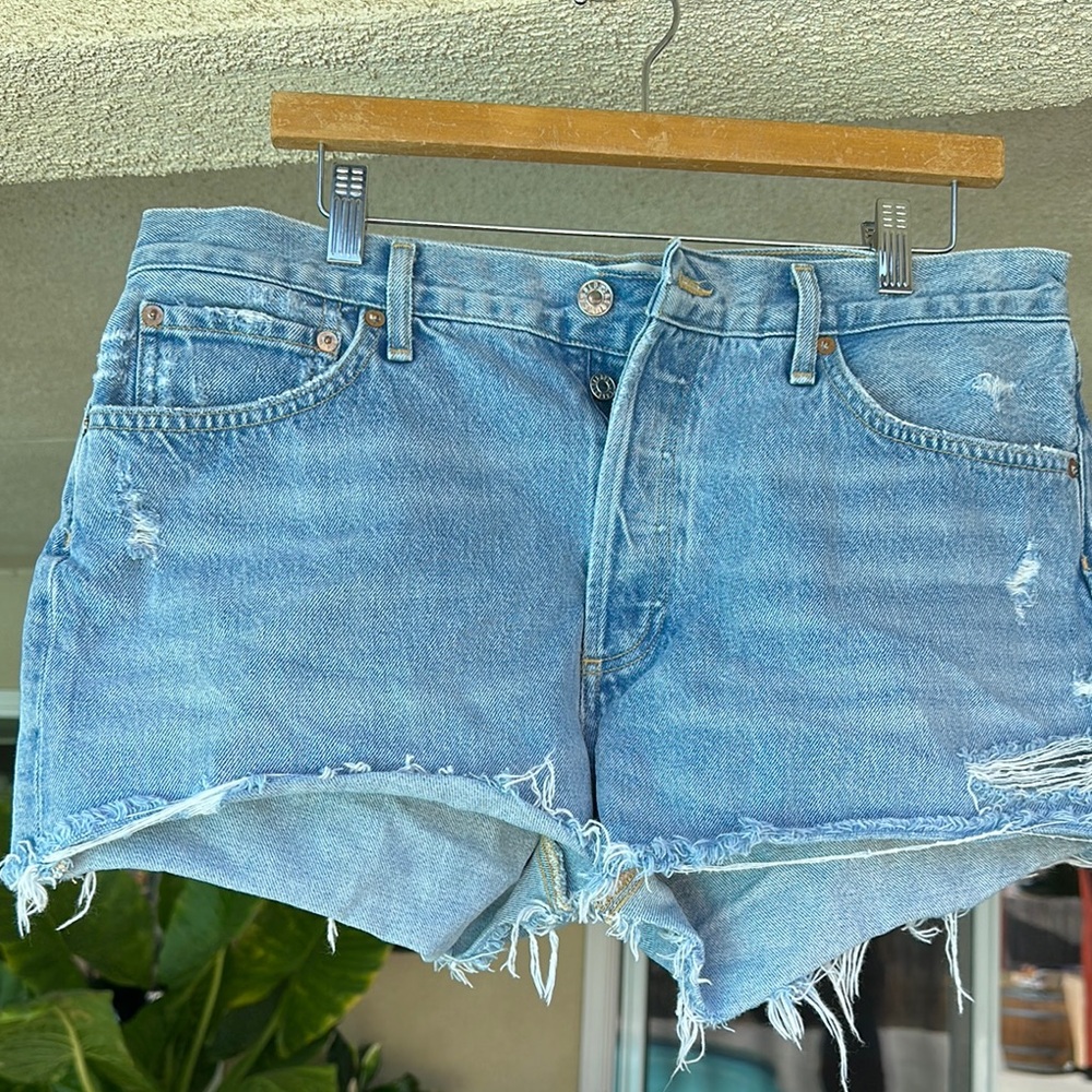 Agolde Blue Distressed Jean Shorts Cut-Off Style